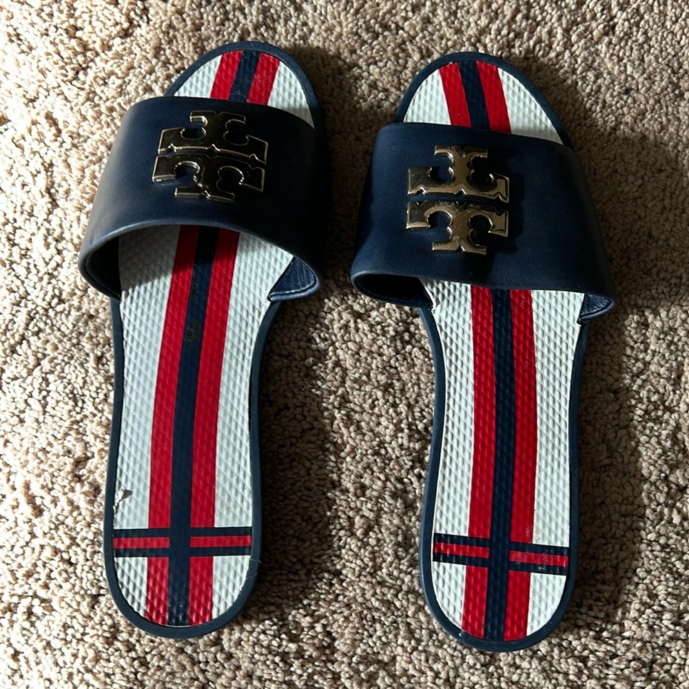 Fun Tory Burch sandals. Size 6. Blue, white and red. Nonsmoking home.